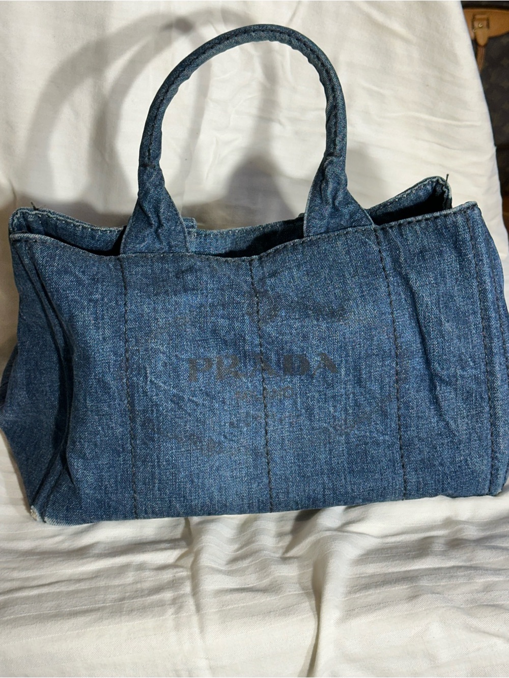 Prada Canapa Denim Tote Bag with Top Handles - Blue